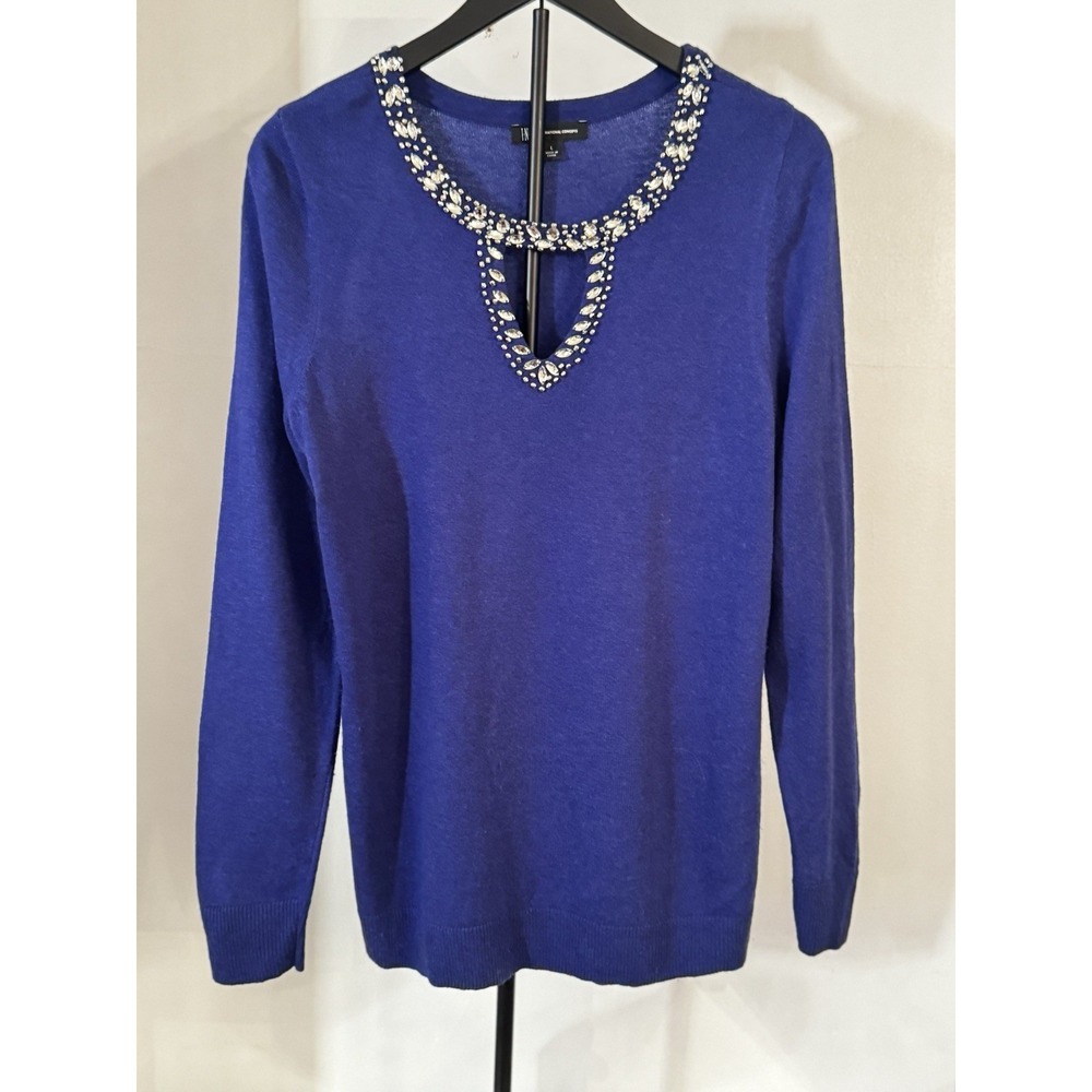 INC Royal Blue Embellished Keyhole Sweater Sz L‎ Wool Cashmere Blend Party